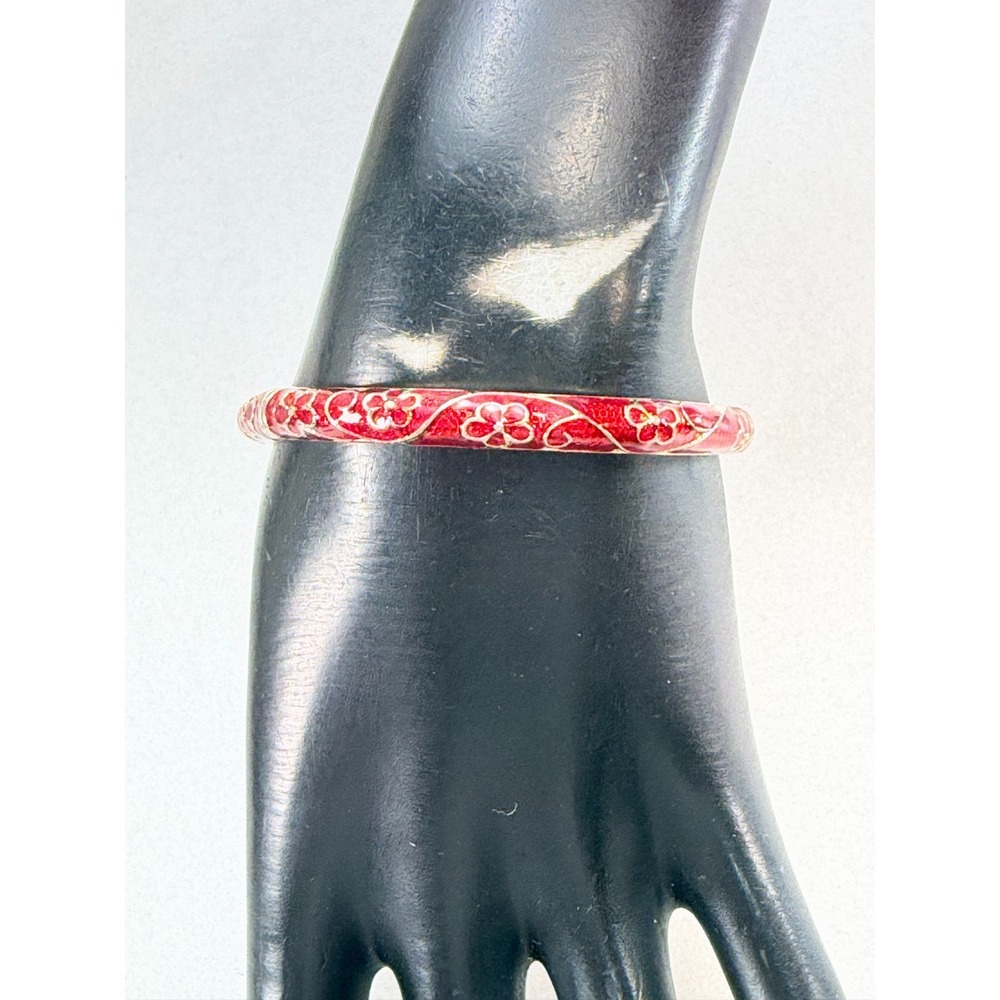 JTF Red Enamel Gold Tone Hinged Bangle Bracelet Floral Scroll Vintage